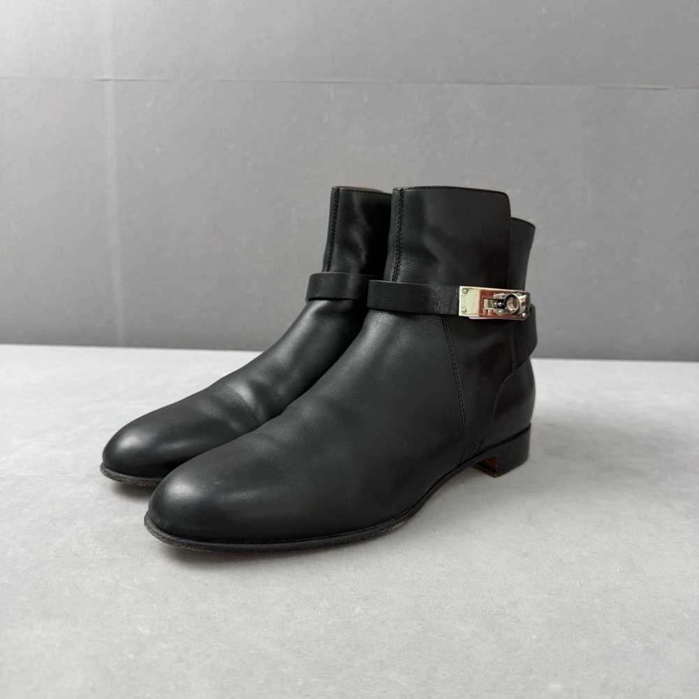 Authentic Hermes Black Ankle Boots with Silver Buckle